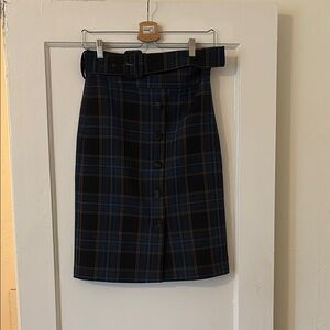 Anthropologie Plaid Navy Skirt with Belt